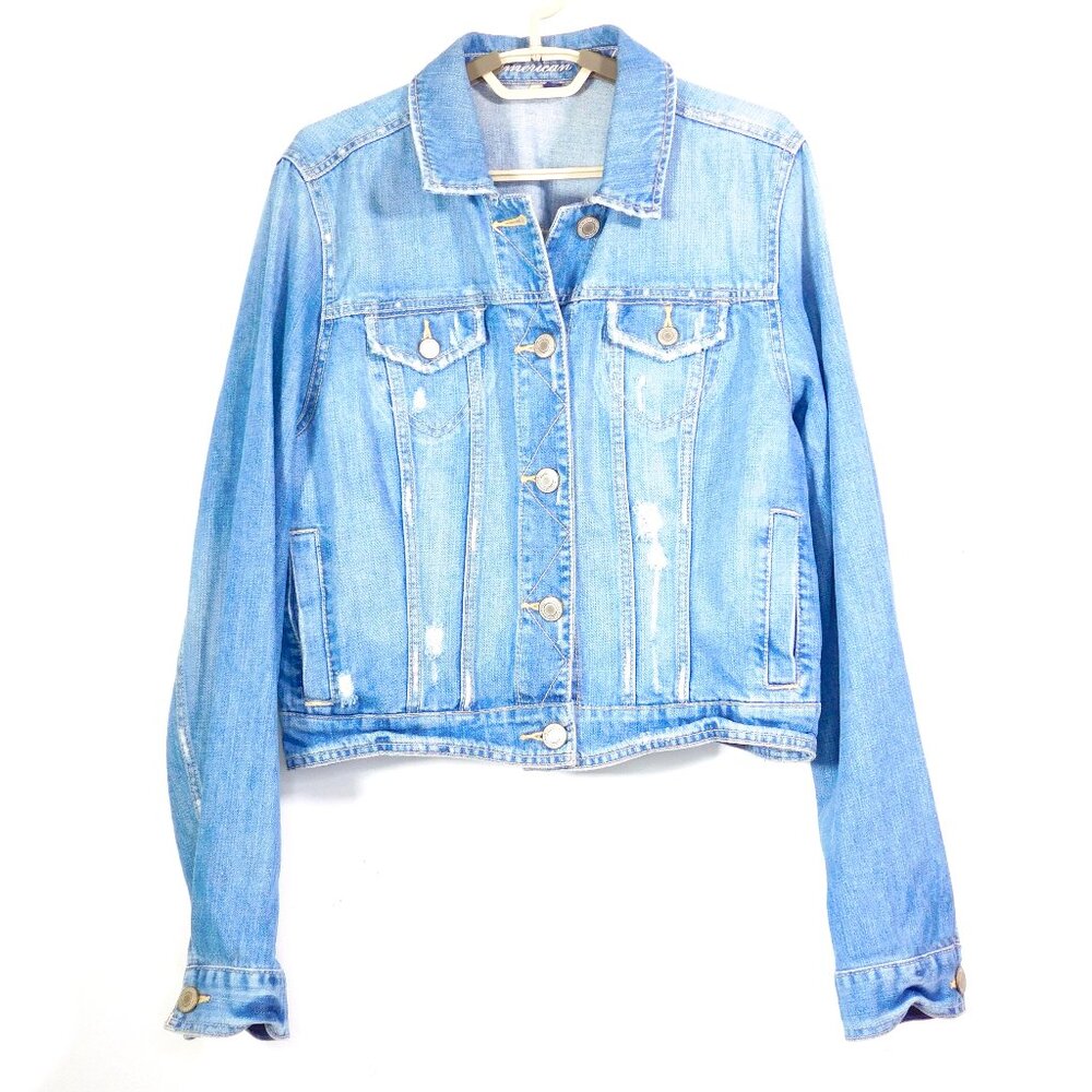 American Eagle Distressed Jean Jacket XL Light Wash Cropped Pockets Button Front